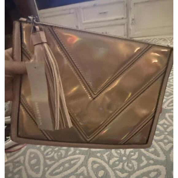 Mark Fran Faux Leather Clutch Bag Pink Iridescent Chevron Zip Tassel Bag Purse - Picture 9 of 16